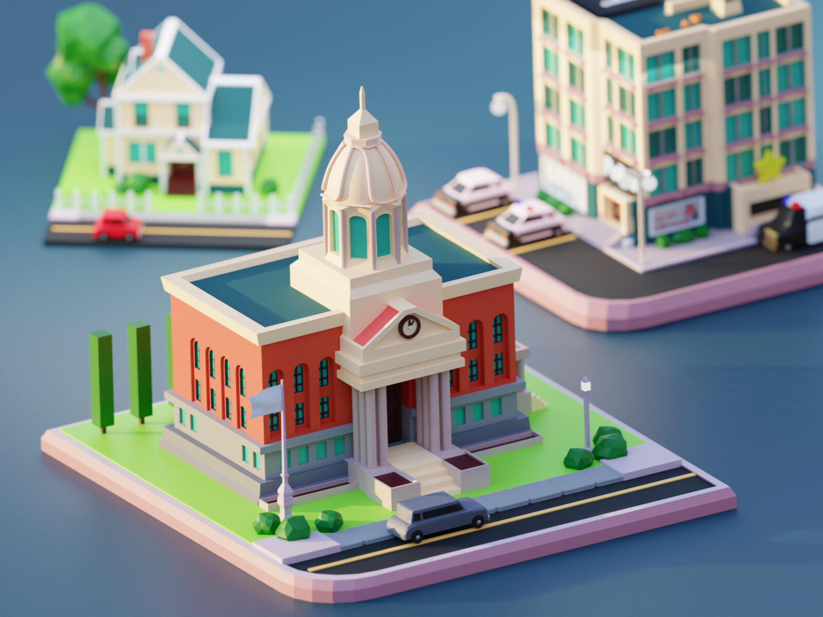 3D building of school, bank, house and police