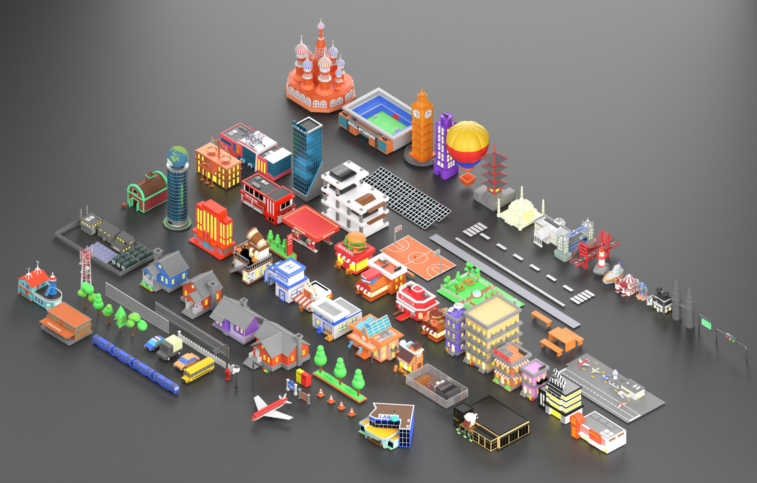 All cute cartoon 3D buildings for 3D city builder in Blender