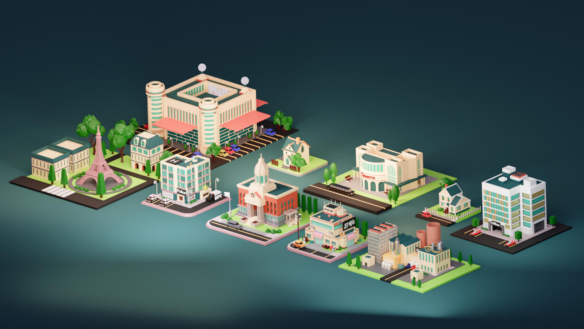 Cartoon 3D houses as part of 3D city builder